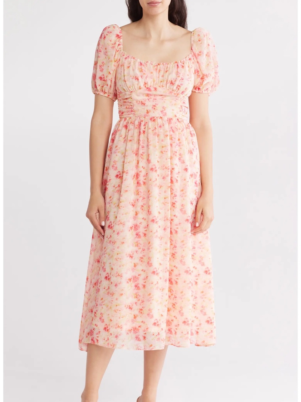 ASTR The Label Puff Sleeve Chiffon Floral Ruched Midi Dress